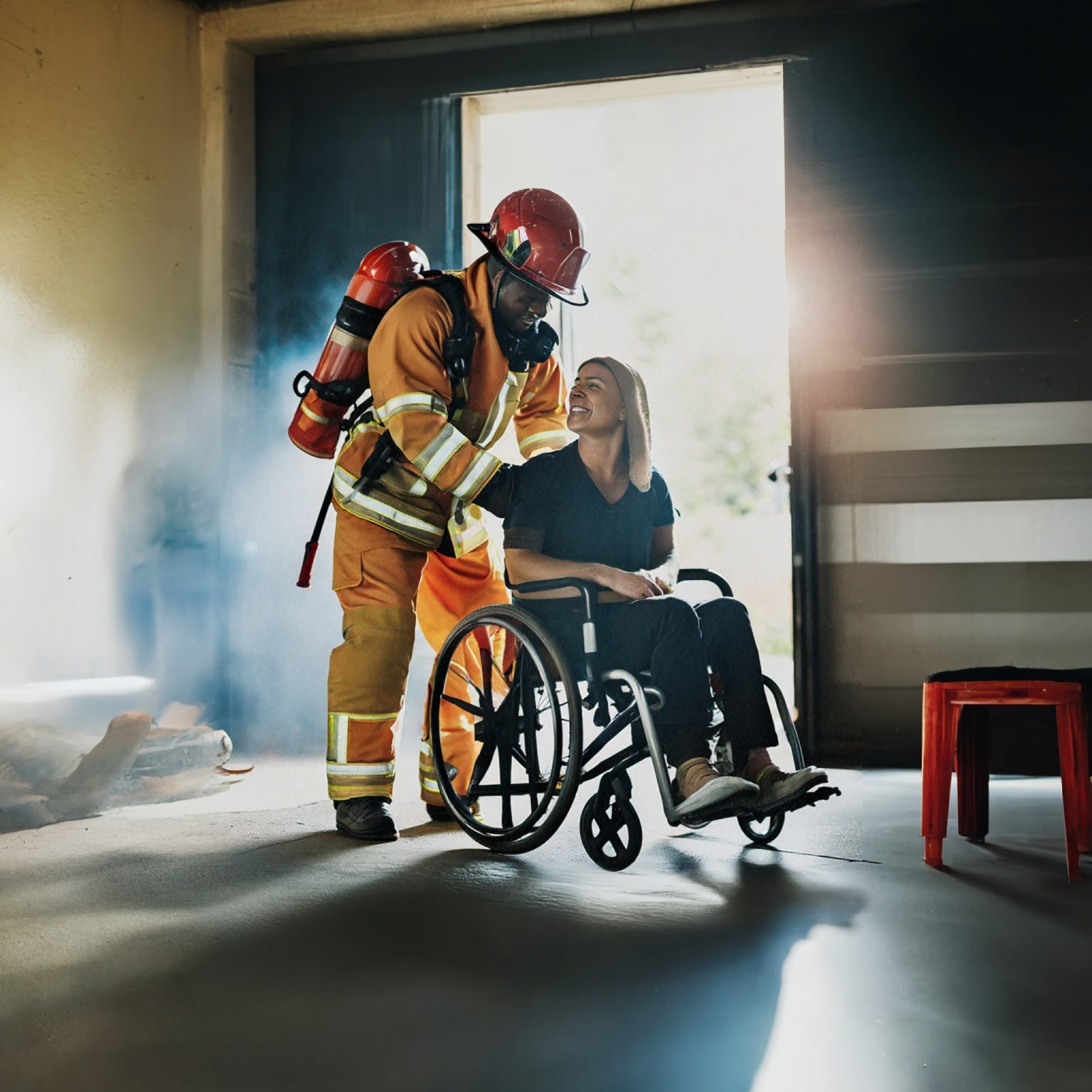 Firefighter assisting wheelchair user during emergency evacuation